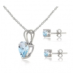 Sterling Silver Blue Topaz Heart Solitaire Necklace and Stud Earrings Set