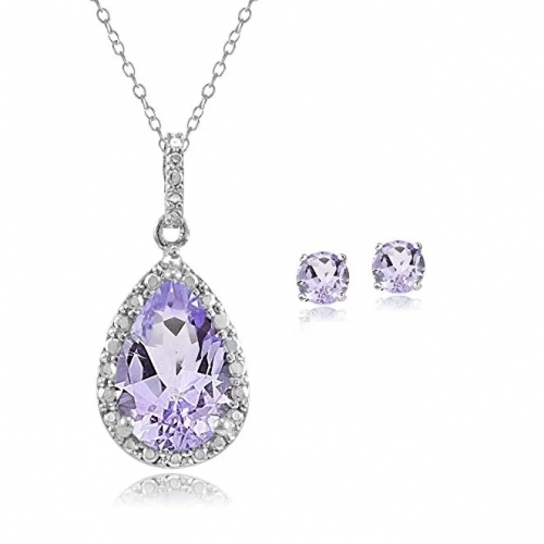 Sterling Silver Amethyst Teardrop Necklace and Earrings Set