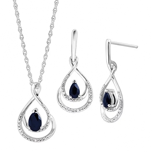 Sapphire Pendant and Earrings Set with Diamonds in Sterling Silver