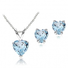 Sterling Silver Blue Topaz Heart Solitaire Necklace and Stud Earrings Set