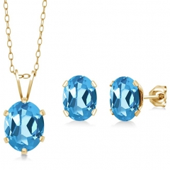 Oval Blue Topaz Gold Plated Silver Pendant Earrings Set