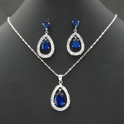Blue Sapphire Tear Shape Gemstone 925 Silver Earring Necklace Sets Women Jewelry