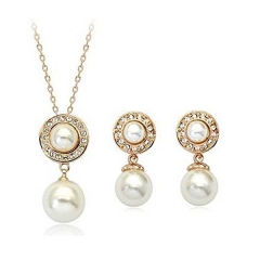 Pearl and Crystal Necklace Earrings Set 14K Gold Plated Jewellery