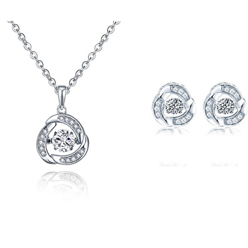 Dancing Diamond Cubic Zirconia Love Knot Stud Earrings and Pendant Necklace Jewelry Set