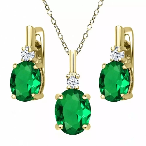 925 Sterling Silver Emerald Women Necklace Earrings Jewelry Set