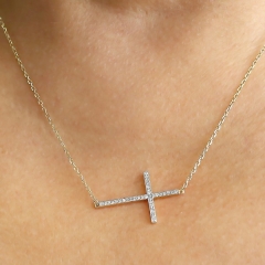 China Supplier Sterling Silver Cubic Zirconia Sideways Cross Necklace