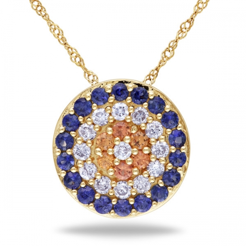 14K Yellow Gold Blue Sapphire CZ Round Evil Eye Necklace 925 Silver