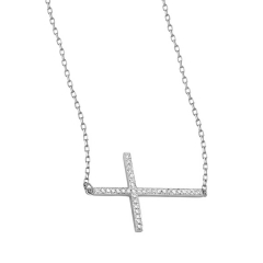 China Supplier Sterling Silver Cubic Zirconia Sideways Cross Necklace