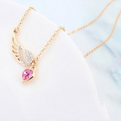 925 Silver Pink Heart and Angel Wing Pendant Necklace for Girlfriend