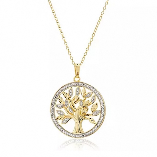 18k Yellow Gold Plated Sterling Silver Two Tone Diamond Accent and Illusion Tree of Life Pendant Necklace