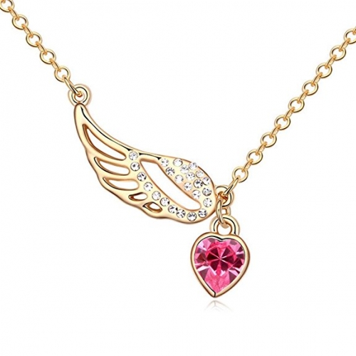 925 Silver Pink Heart and Angel Wing Pendant Necklace for Girlfriend