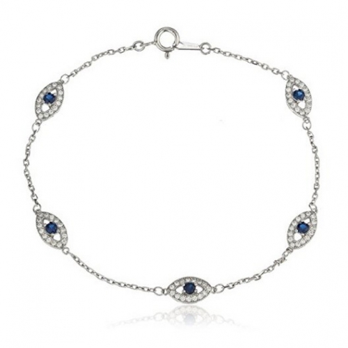 925 Sterling Silver with Deep Blue Sapphire Cubic Zircon Charmed Bracelet