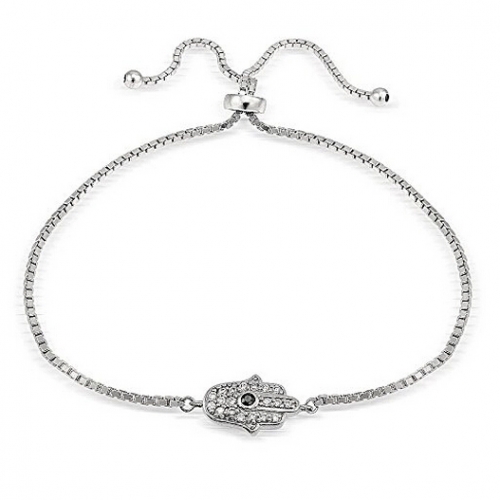 Turkish Sterling Silver Cubic Zirconia Hamsa Hand Adjustable Bracelet