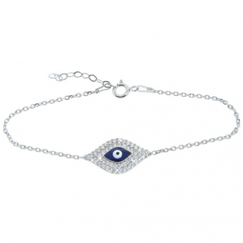 Sterling Silver Cubic Zirconia Blue Evil Eye Bracelet Women Jewelry