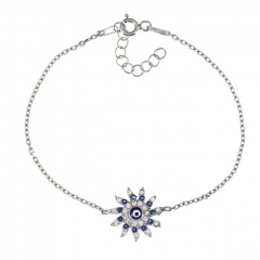 Sterling Silver CZ Blue Sapphire Sun Shaped Evil Eye Bracelet for Women