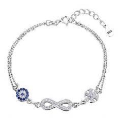 Sterling Silver CZ Blue Evil Eye Infinity and Snowflake Link Charm Bracelet