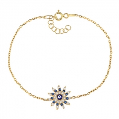 Sterling Silver CZ Blue Sapphire Sun Shaped Evil Eye Bracelet for Women