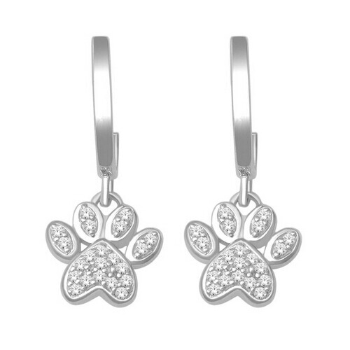 Cubic Zircon Diamond Dog Paw Drop Earrings in Sterling Silver