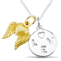 Sterling Silver Cutout "Love" and Heart with Wings Charms Necklace