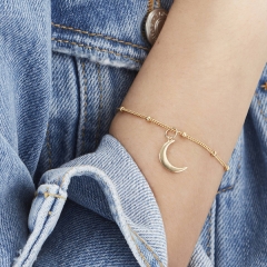 Landou Jewelry 14K Gold Over Silver Bead Chain Crescent Moon Charm Bracelet