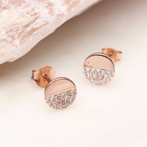 Sterling Silver Rose Gold Pave Set CZ Disc Earrings