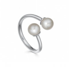 Dainty Sterling Silver Pearl Open Ring with Adjustable Size