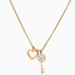 14K Gold Plated Sterling Silver Heart and CZ Key Charms Necklace