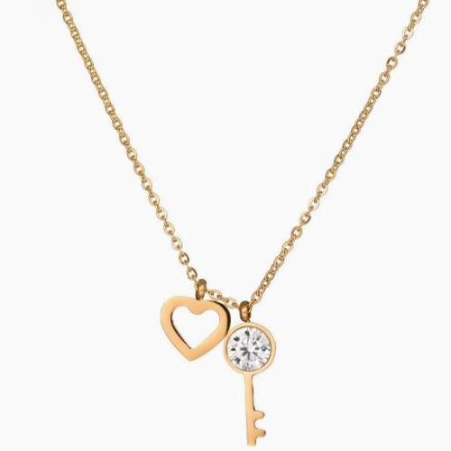 14K Gold Plated Sterling Silver Heart and CZ Key Charms Necklace