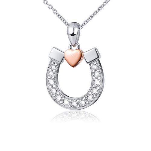 Sterling Silver Two Tone Plated CZ Horseshoe with Heart Necklace Netherlands