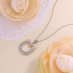 Sterling Silver Two Tone Plated CZ Horseshoe with Heart Necklace Netherlands