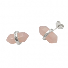 Dainty Sterling Silver Natural Rose Quartz Double Wand Earrings