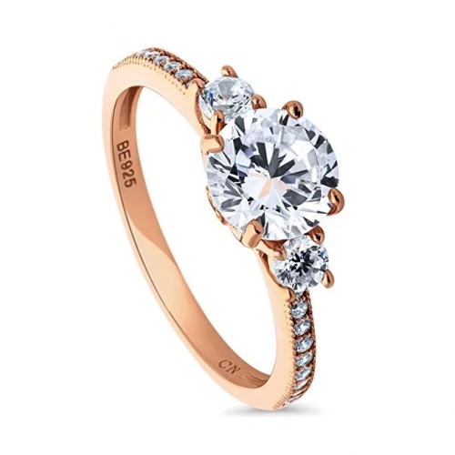 Rose Gold Plated Sterling Silver Cubic Zirconia CZ 3-Stone Promise Engagement Ring