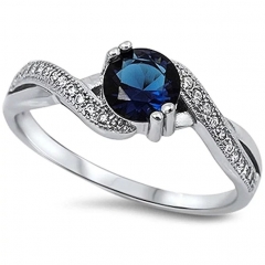 Round Simulated Blue Sapphire & White Cubic Zirconia 925 Sterling Silver Ring