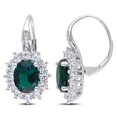 925 Silver Created Emerald, Created White Sapphire and Diamond Accent Earrings