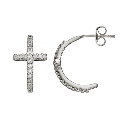 Cubic Zirconia Silver Plated Cross Hoop Earrings in 925 Silver