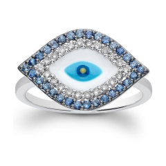 14K Gold Plated Sterling Silver White and Sapphire Enamel Evil Eye Ring