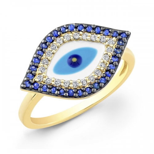 14K Gold Plated Sterling Silver White and Sapphire Enamel Evil Eye Ring