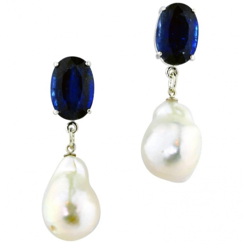 Dainty 925 Sterling Silver Baroque Pearl Sapphire Dangle Earrings