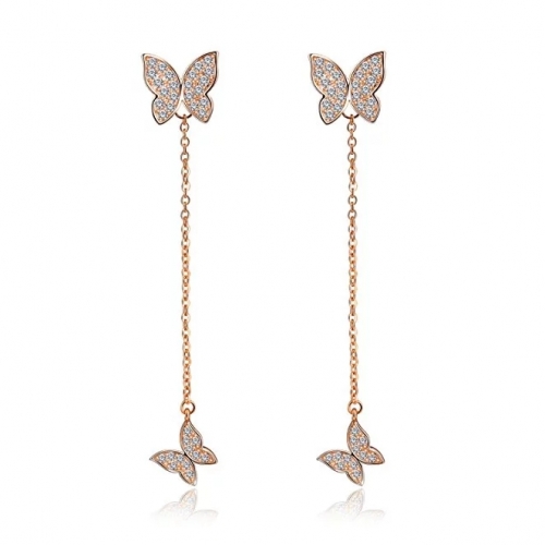 Pretty Double Butterfly Earrings Inlaid Zircon Long China Hanging Stud Earrings