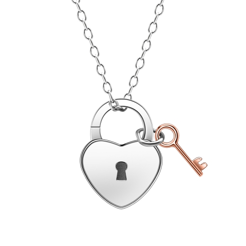 Sterling Silver Heart & Key Padlock Charms Necklace for Birthday Gift