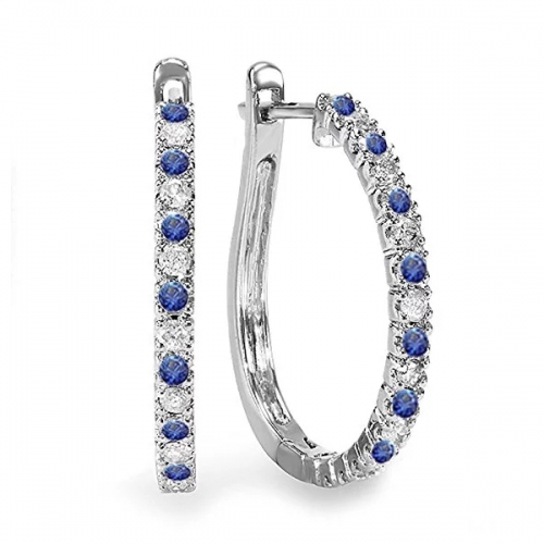 925 Sterling Silver White Gold Plated Emerald and Sapphire Ladies Hoop Earrings