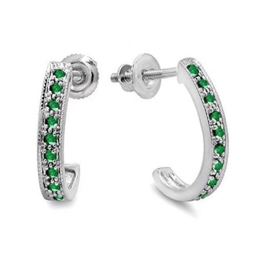 925 Sterling Silver Emerald Diamond Hoop Studs Ladies Earrings