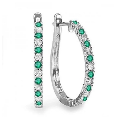 925 Sterling Silver White Gold Plated Emerald and Sapphire Ladies Hoop Earrings