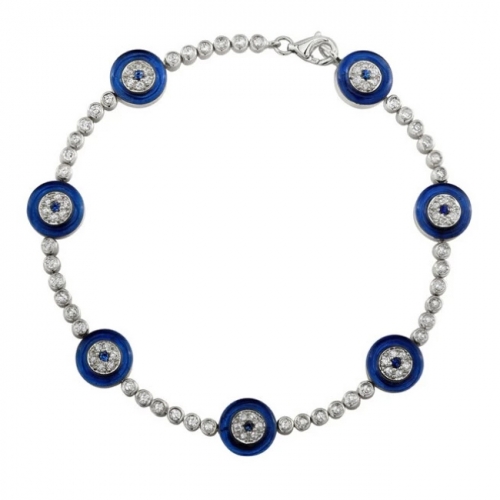 Bezel Set Sapphire Cubic Zirconia Blue Enamel Evil Eye Tennis Bracelet in Silve