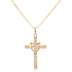 10k Yellow Gold Heart & Cross Pendant with an 18 Inch Gold Overlay Figaro Necklace