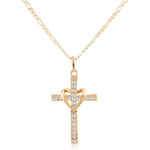 10k Yellow Gold Heart & Cross Pendant with an 18 Inch Gold Overlay Figaro Necklace