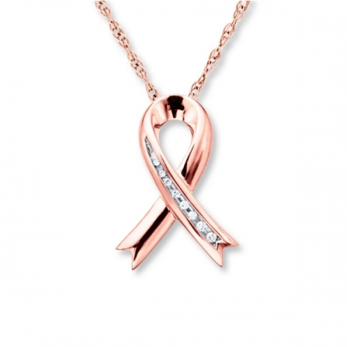 Breast Cancer Awareness Pave white CZ Ribbon Pendant Sterling Silver Necklace 18 Inches