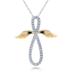 White and Gold Plated Silver CZ Angel Wings Cross Necklace