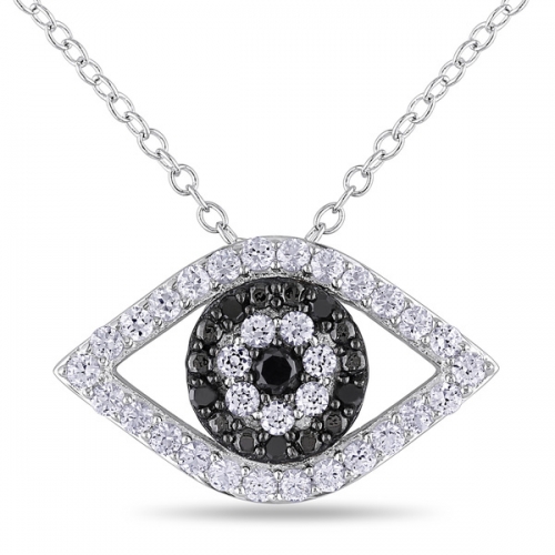 Sterling Silver Created White Sapphire Black CZ Eye Necklace