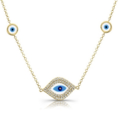 Jewish Design Sterling Silver Yellow Gold CZ Enamel Evil Eye Necklace